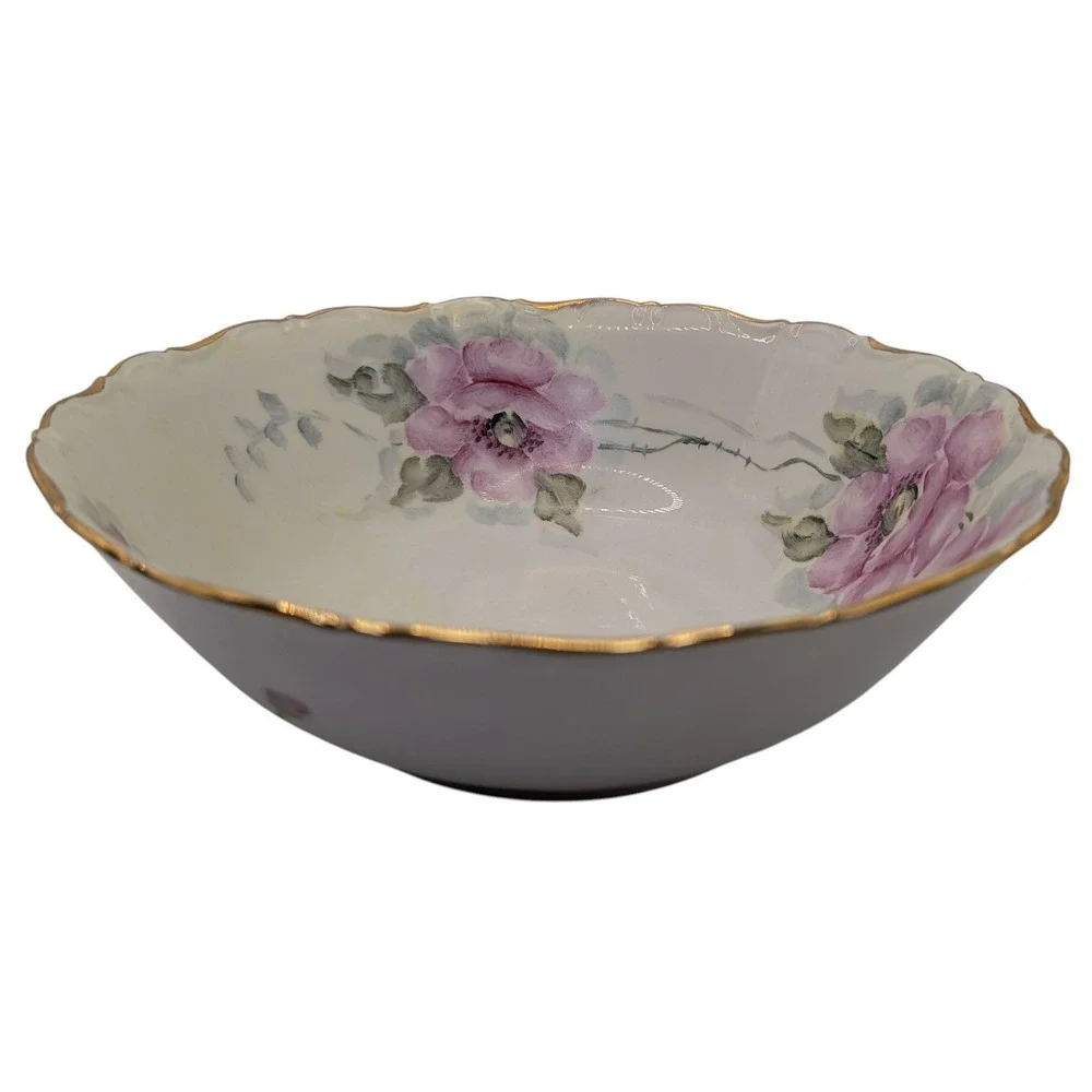 Vintage Seltmann Weiden Serving Bowl Green‎ Pink Floral Hand Painted Nine in SEE